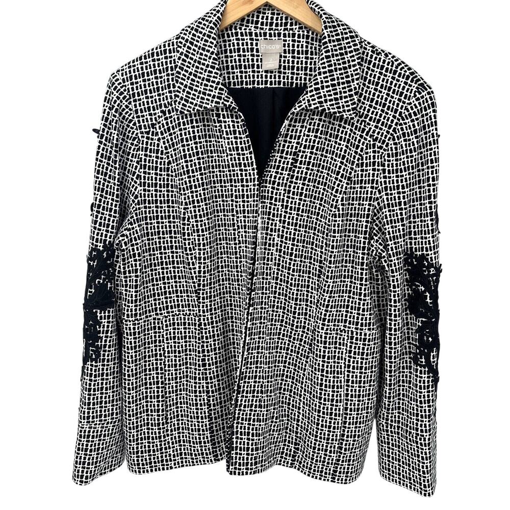 Chico's Jacket Womens Large Black White + Applique Sleeves + Pockets Art to Wear